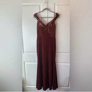 Revelry Bardot Velvet Terracotta Long Gown